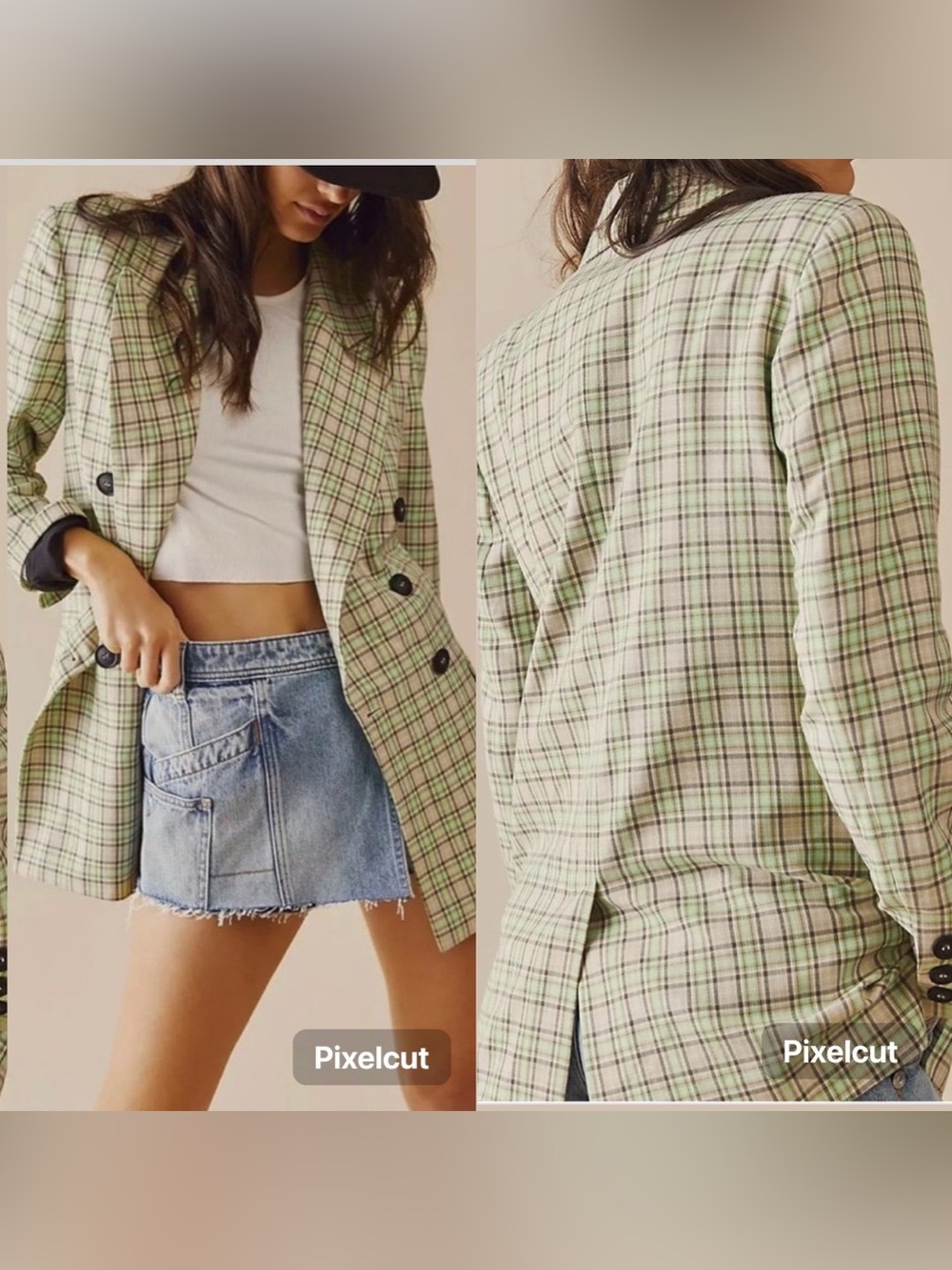 Free People Green Plaid Double-Breasted Blazer